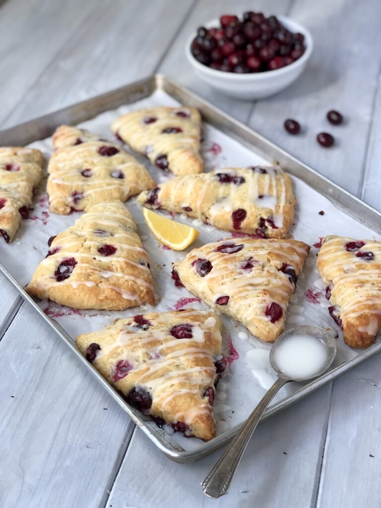 Scones arranged on a baking tray