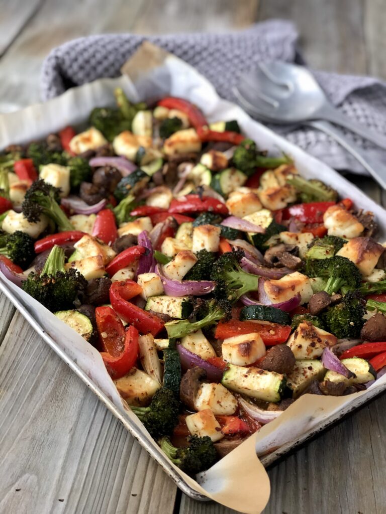 Sheet pan with halloumi cheese and veggies