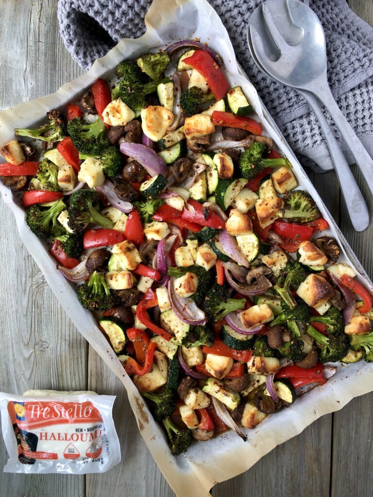 Sheet Pan Harissa Halloumi and Veggies on baking tray