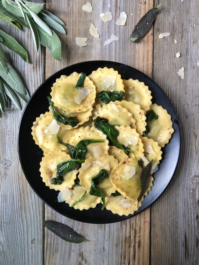 Bowl of ravioli from above