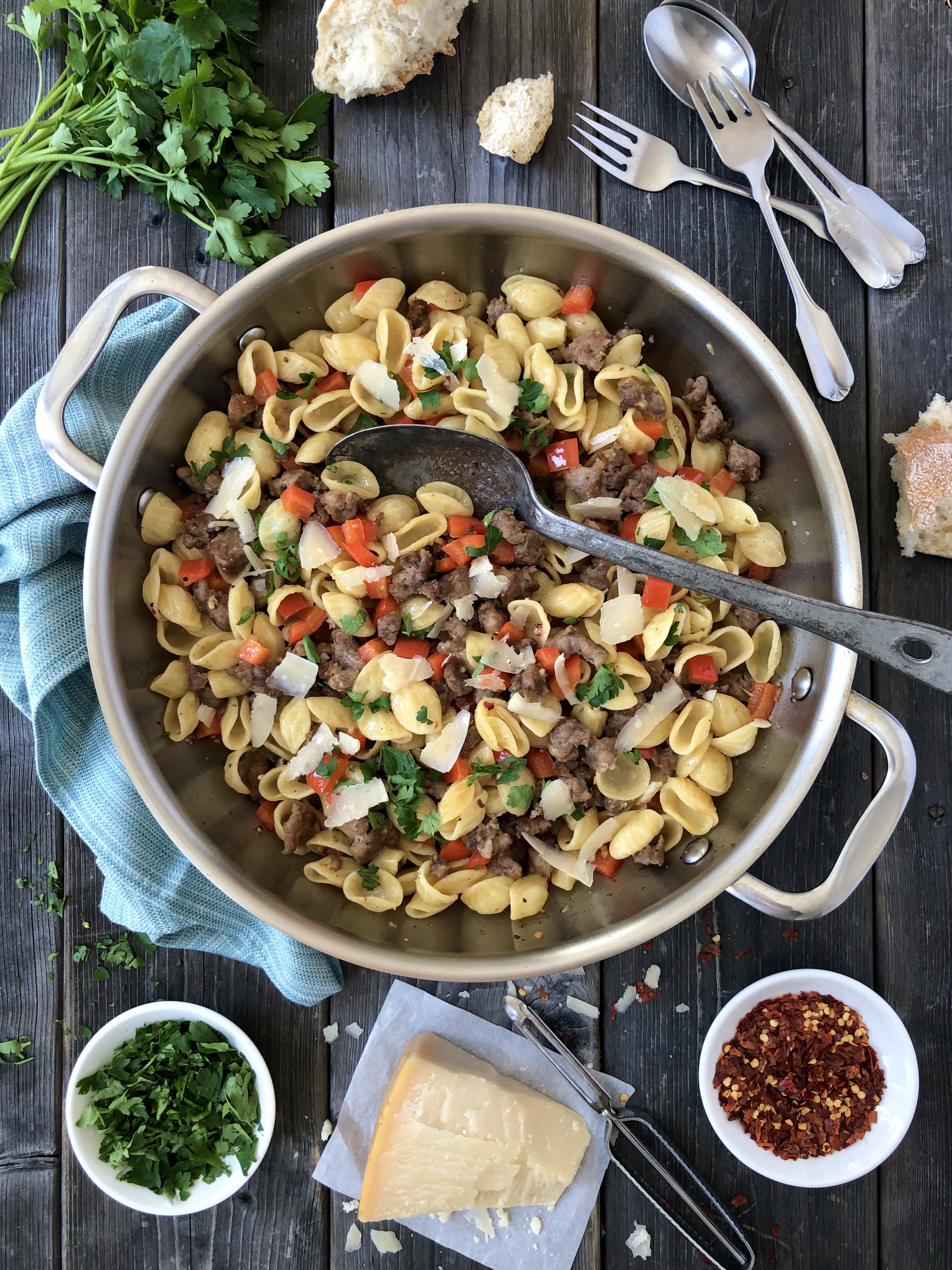 Orecchiette Pasta with Sausage & Red Peppers 5 BEST Flatlay in Skillet ...