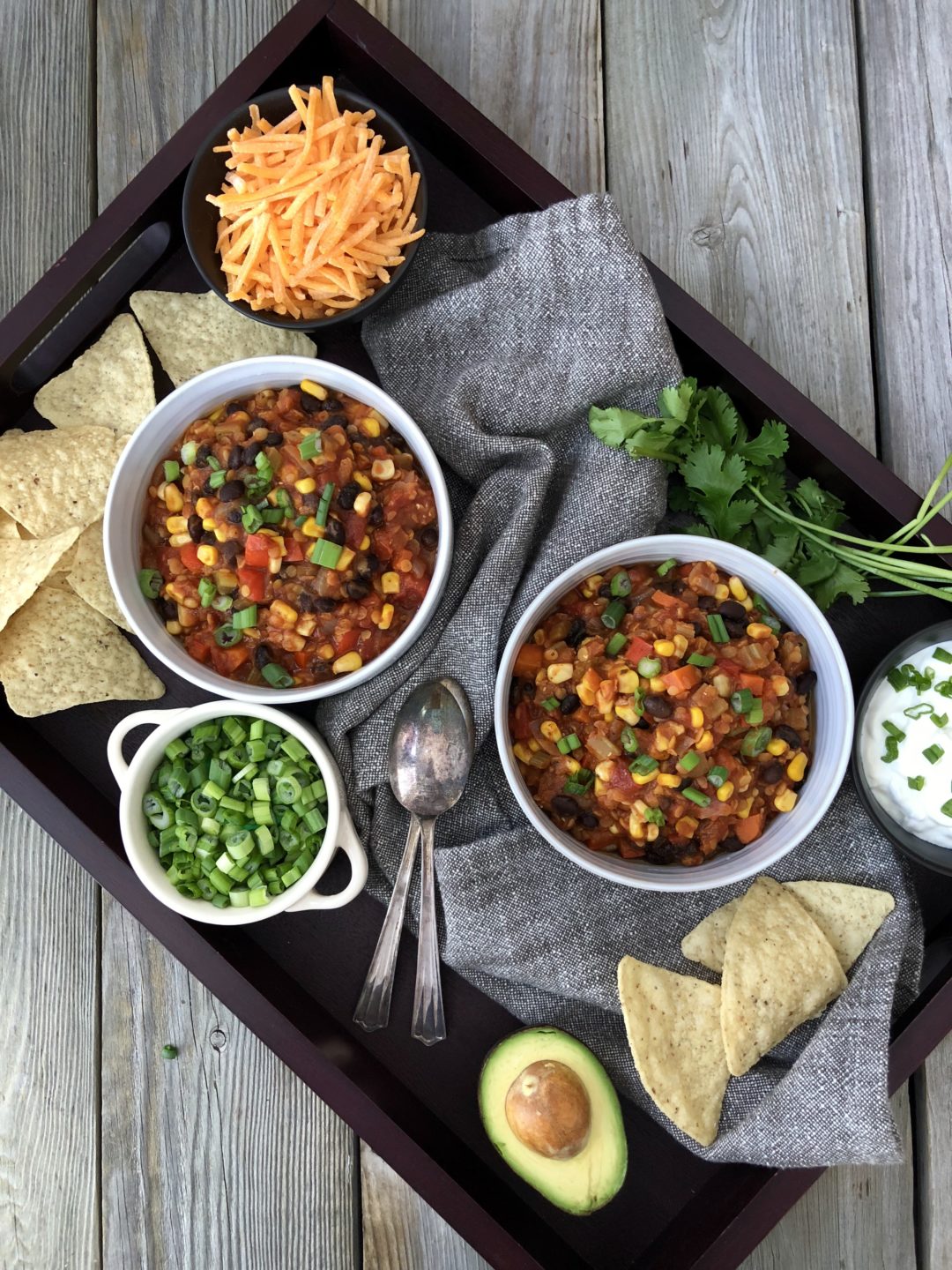 Spicy Vegetarian Chili 5 BEST Servings Tray Flatlay - The Kitchen Fairy