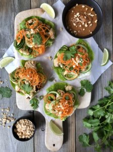 Cauliflower satay presented on dish