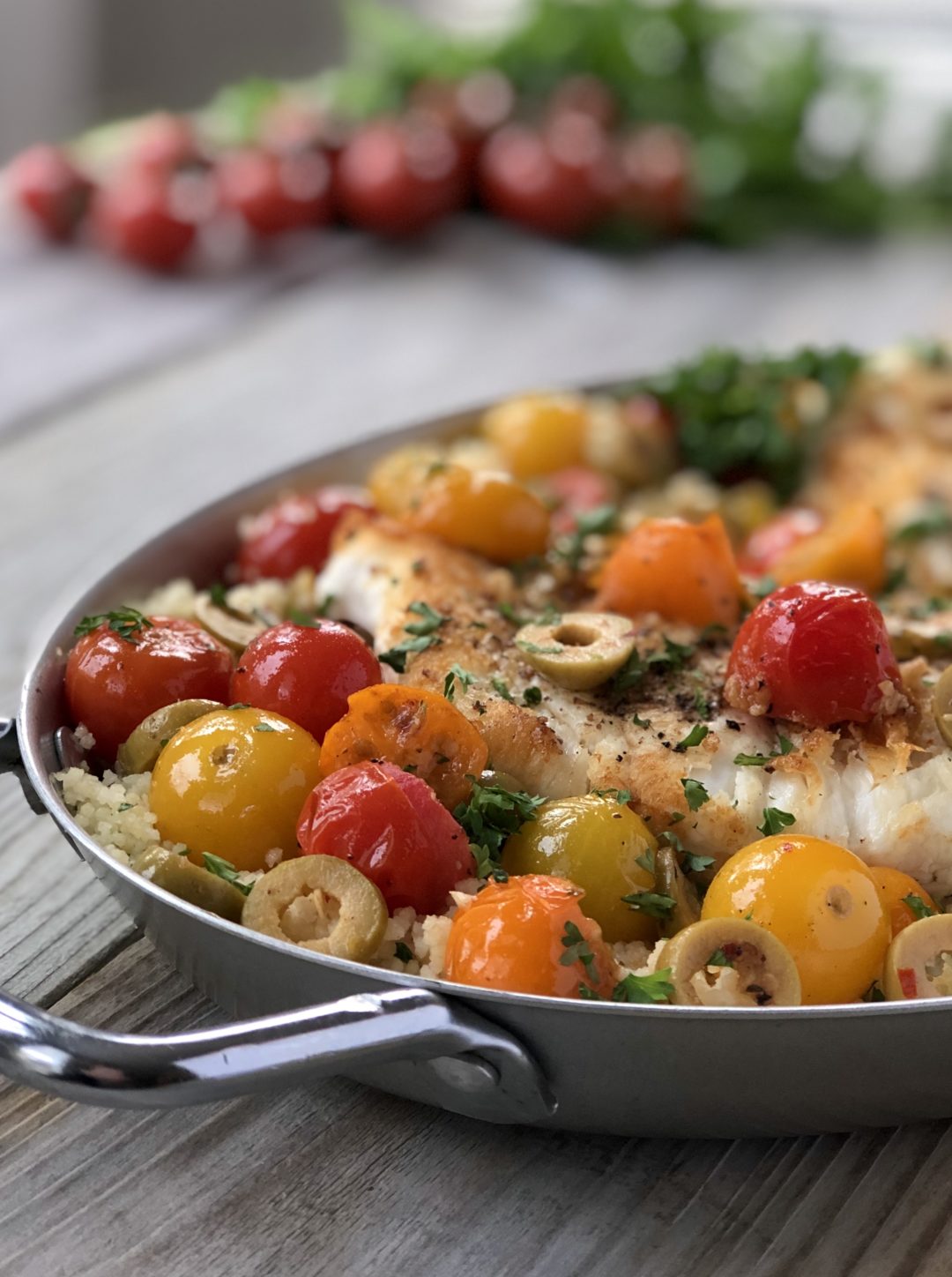 Halibut with Moroccan Harissa Tomatoes & Olives - The Kitchen Fairy