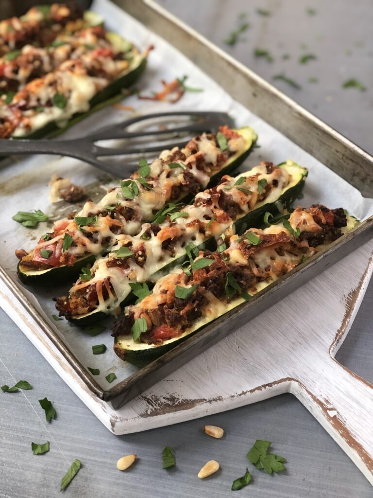 Stuffed Zucchini Boats on baking tray