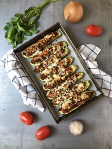 Stuffed Zucchini Boats on baking tray