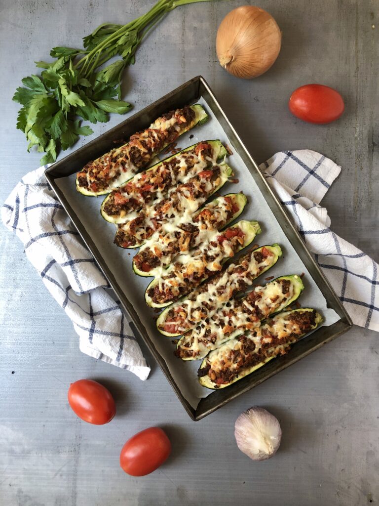 Stuffed Zucchini Boats on baking tray