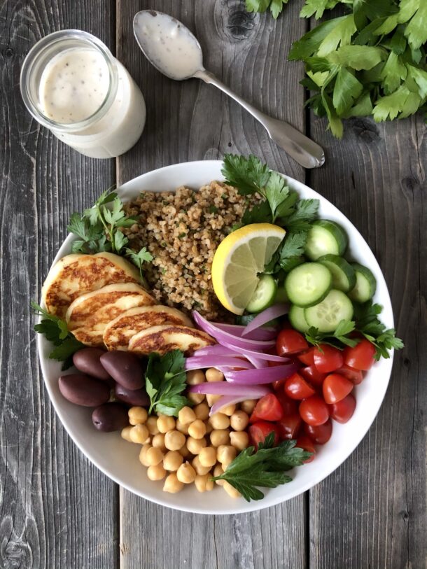 Mediterranean Bulgur and Halloumi Bowl - The Kitchen Fairy