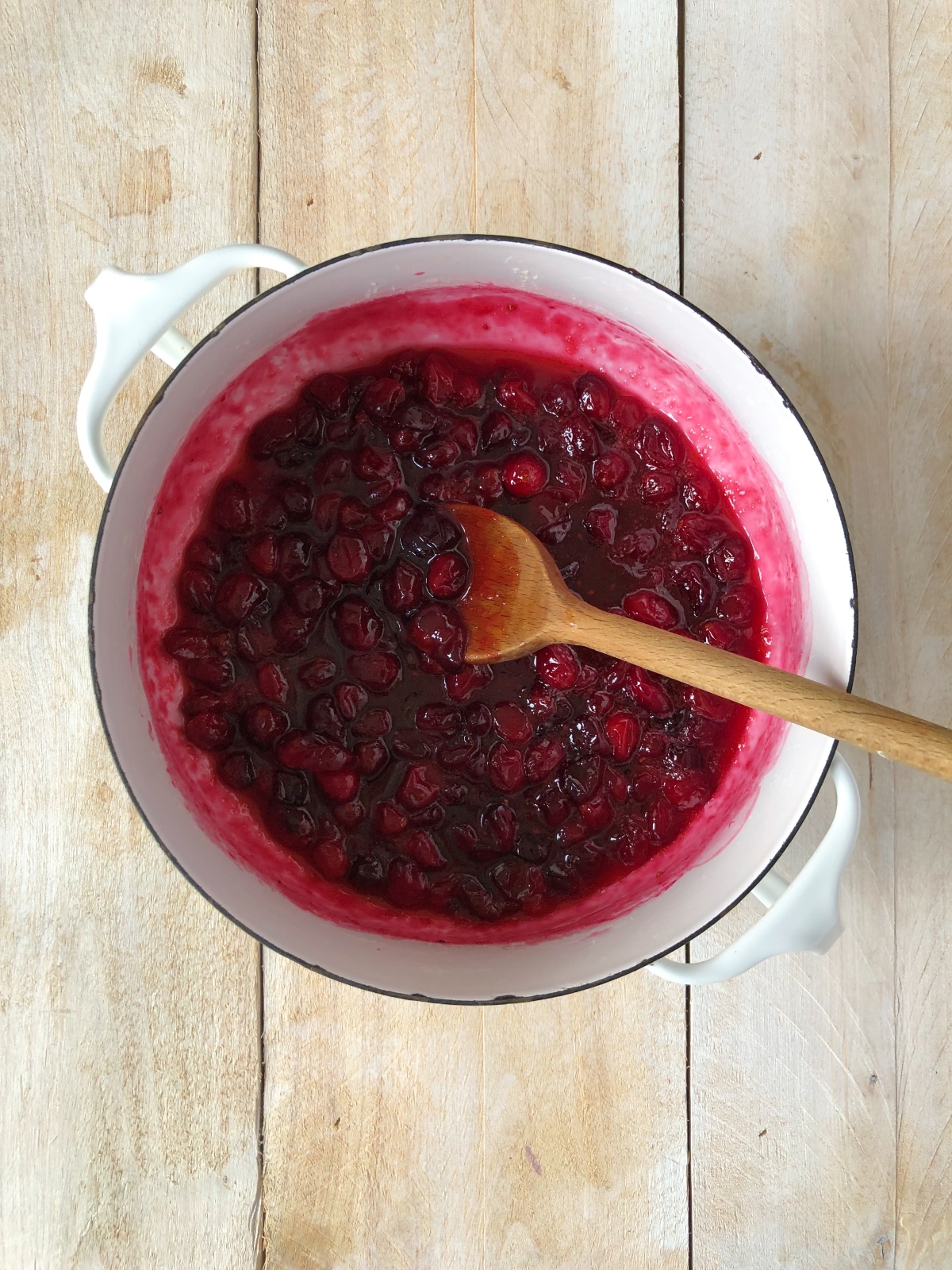 Jam ingredients in a saucepan.