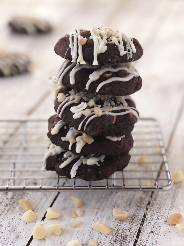 Stack of white chocolate macadamia nut cookies